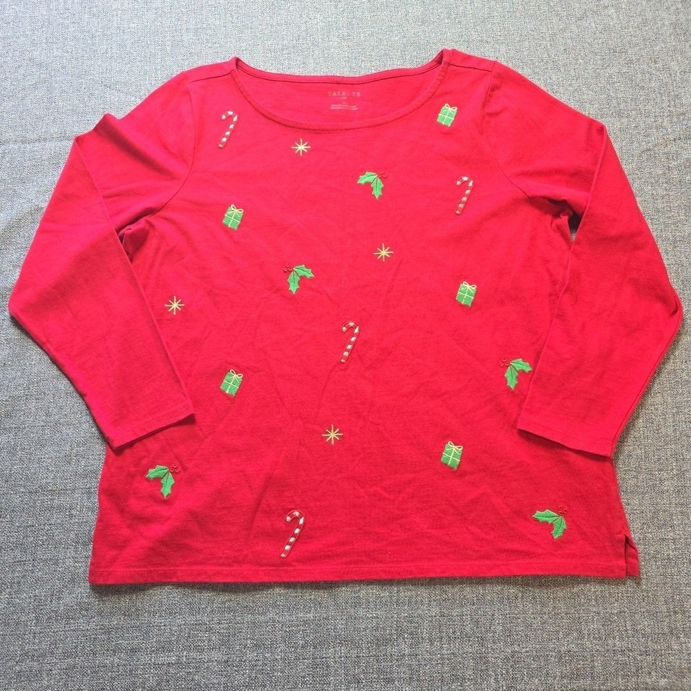 Talbots Plus Shirt Long Sleeve Womans 1X Red Embroidered Top Holly Candy Cane